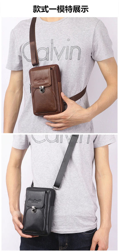 Men's Leather Messenger Bag - Multi-Functional Cowhide Chest Bag With Zipper Closure - ZOOMNSTORE