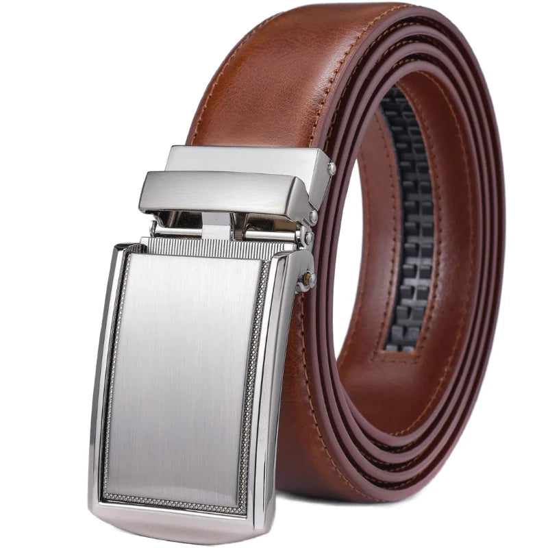 Men's Leather Ratchet Belt - Cognac Genuine Leather Adjustable Dress Belt with Automatic Buckle - ZOOMNSTORE