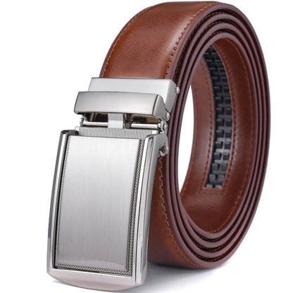 Men's Leather Ratchet Belt - Cognac Genuine Leather Adjustable Dress Belt with Automatic Buckle - ZOOMNSTORE