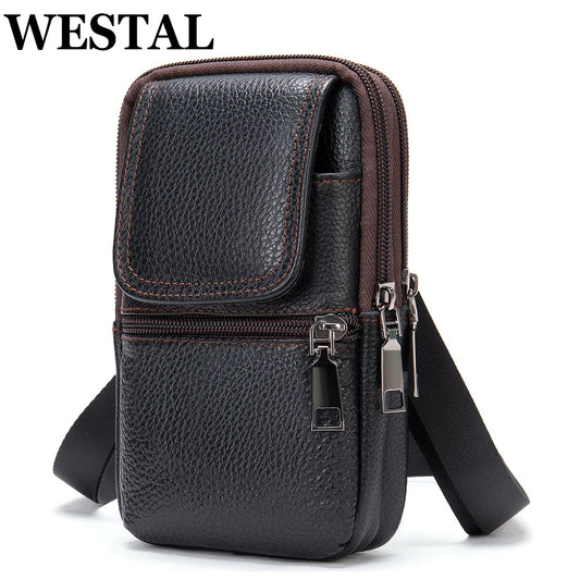 Men's Leather Shoulder Bag - Black Small Belt Bag With Phone Pocket & Zipper Closure - ZOOMNSTORE