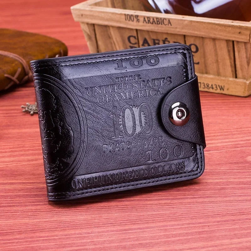 Mens Leather Wallet - 100 Dollar Pattern Zipper Coin Pocket Card Holder - ZOOMNSTORE