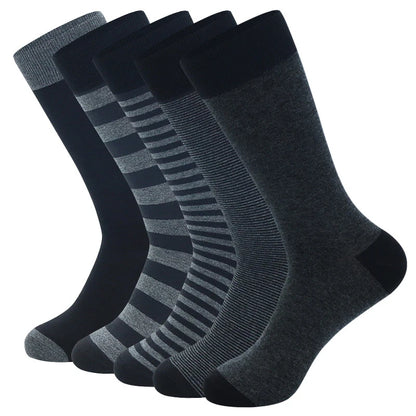Men's Long Socks Pack - 5 Pairs Striped & Solid Black Cotton Crew Socks | Comfortable Plus Size EU40-47 - ZOOMNSTORE
