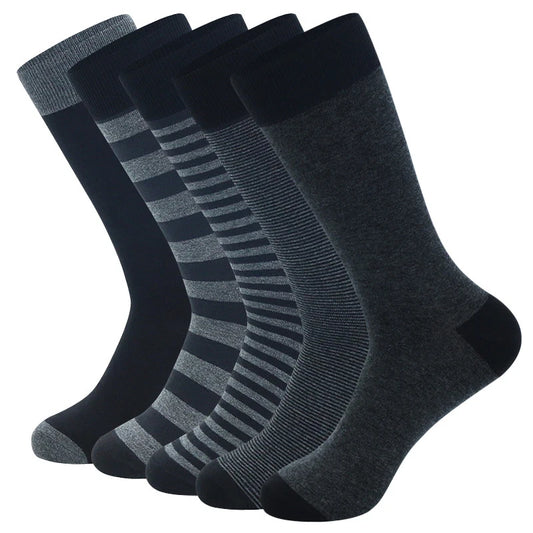 Men's Long Socks Pack - 5 Pairs Striped & Solid Black Cotton Crew Socks | Comfortable Plus Size EU40-47 - ZOOMNSTORE