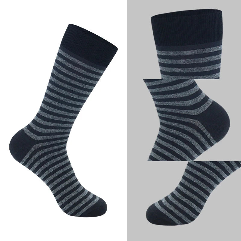 Men's Long Socks Pack - 5 Pairs Striped & Solid Black Cotton Crew Socks | Comfortable Plus Size EU40-47 - ZOOMNSTORE