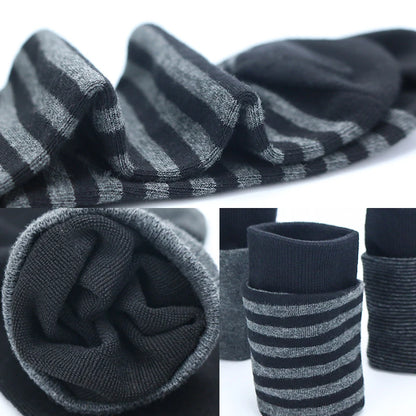 Men's Long Socks Pack - 5 Pairs Striped & Solid Black Cotton Crew Socks | Comfortable Plus Size EU40-47 - ZOOMNSTORE