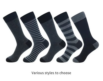 Men's Long Socks Pack - 5 Pairs Striped & Solid Black Cotton Crew Socks | Comfortable Plus Size EU40-47 - ZOOMNSTORE