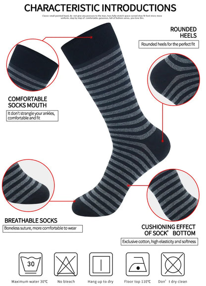 Men's Long Socks Pack - 5 Pairs Striped & Solid Black Cotton Crew Socks | Comfortable Plus Size EU40-47 - ZOOMNSTORE
