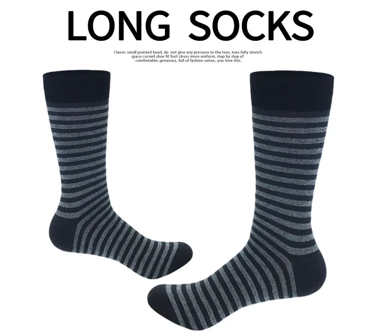 Men's Long Socks Pack - 5 Pairs Striped & Solid Black Cotton Crew Socks | Comfortable Plus Size EU40-47 - ZOOMNSTORE