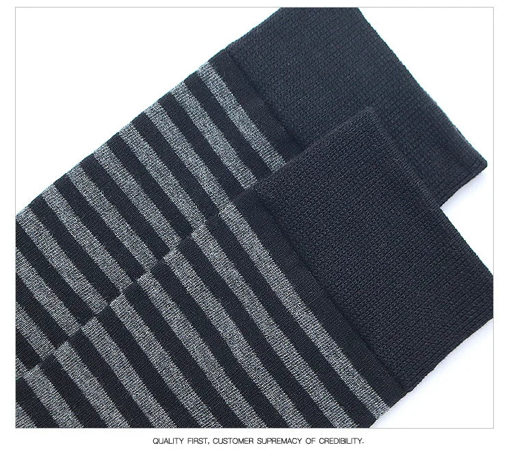 Men's Long Socks Pack - 5 Pairs Striped & Solid Black Cotton Crew Socks | Comfortable Plus Size EU40-47 - ZOOMNSTORE