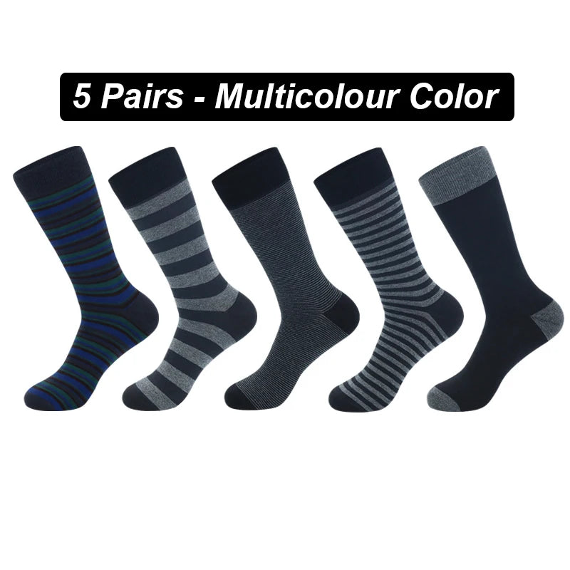 Men's Long Socks Pack - 5 Pairs Striped & Solid Black Cotton Crew Socks | Comfortable Plus Size EU40-47 - ZOOMNSTORE