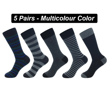 Men's Long Socks Pack - 5 Pairs Striped & Solid Black Cotton Crew Socks | Comfortable Plus Size EU40-47 - ZOOMNSTORE