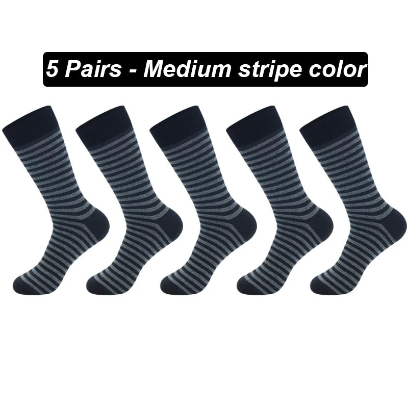 Men's Long Socks Pack - 5 Pairs Striped & Solid Black Cotton Crew Socks | Comfortable Plus Size EU40-47 - ZOOMNSTORE