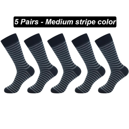 Men's Long Socks Pack - 5 Pairs Striped & Solid Black Cotton Crew Socks | Comfortable Plus Size EU40-47 - ZOOMNSTORE