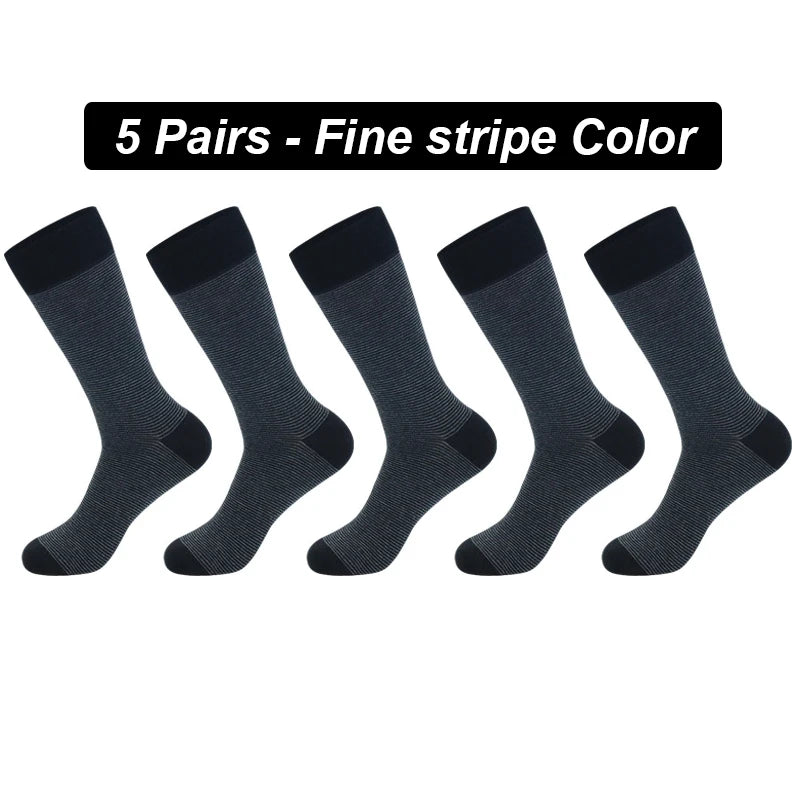 Men's Long Socks Pack - 5 Pairs Striped & Solid Black Cotton Crew Socks | Comfortable Plus Size EU40-47 - ZOOMNSTORE