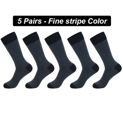 Men's Long Socks Pack - 5 Pairs Striped & Solid Black Cotton Crew Socks | Comfortable Plus Size EU40-47 - ZOOMNSTORE