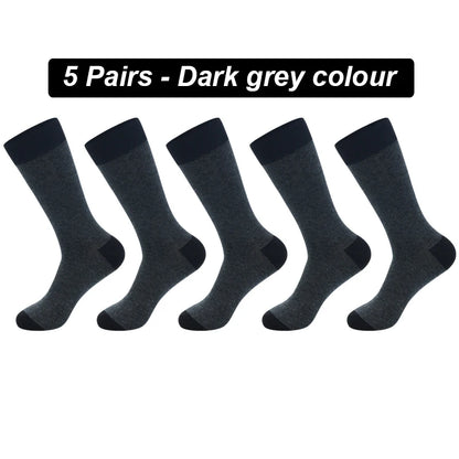 Men's Long Socks Pack - 5 Pairs Striped & Solid Black Cotton Crew Socks | Comfortable Plus Size EU40-47 - ZOOMNSTORE