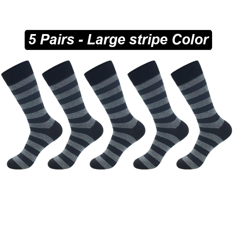 Men's Long Socks Pack - 5 Pairs Striped & Solid Black Cotton Crew Socks | Comfortable Plus Size EU40-47 - ZOOMNSTORE