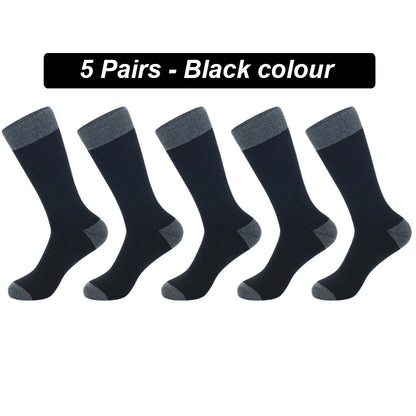Men's Long Socks Pack - 5 Pairs Striped & Solid Black Cotton Crew Socks | Comfortable Plus Size EU40-47 - ZOOMNSTORE