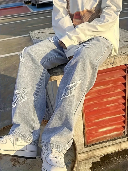 Men's Loose Jeans - Baggy Patch Denim Pants With Lightning Embroidery & Button Fly - ZOOMNSTORE