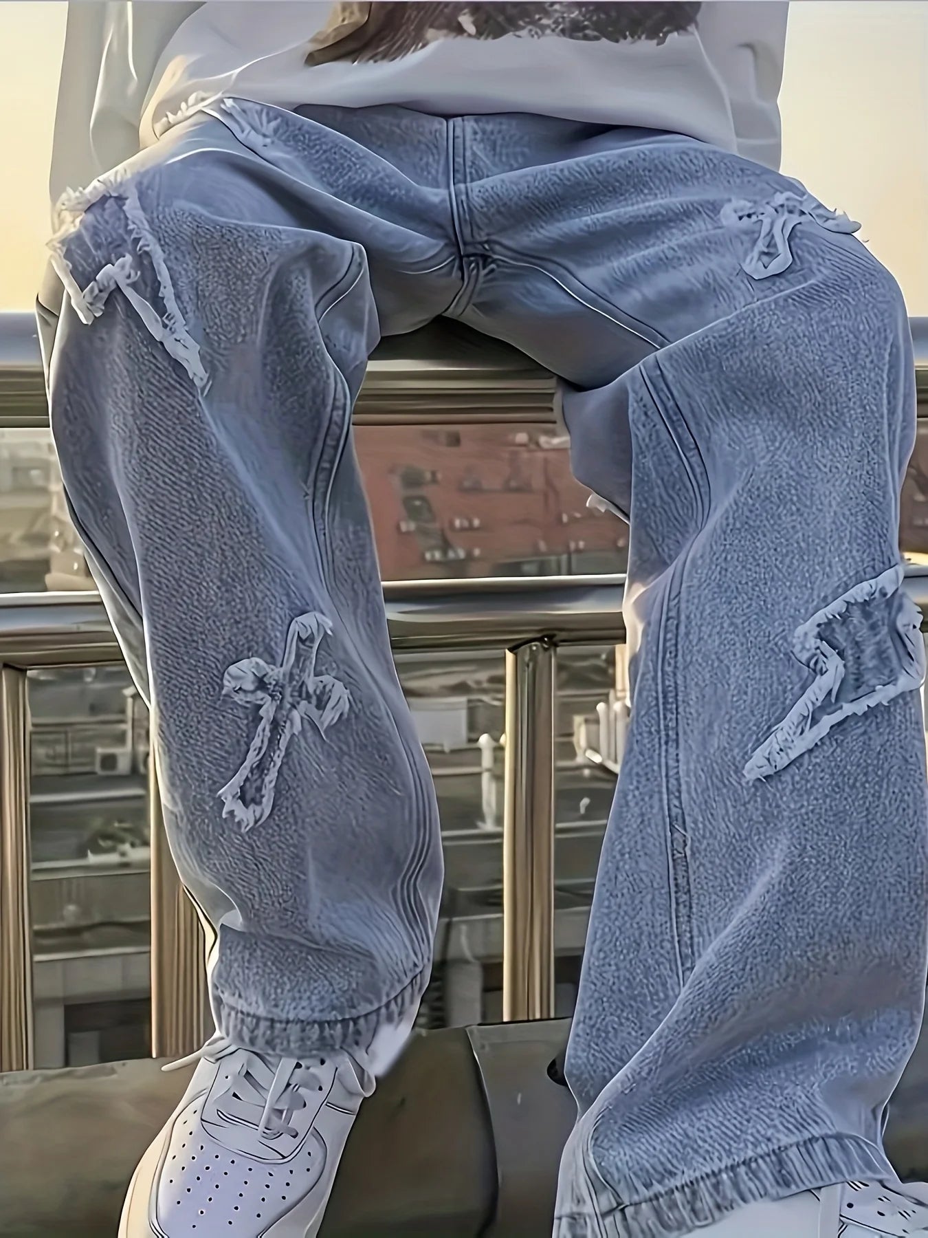 Men's Loose Jeans - Baggy Patch Denim Pants With Lightning Embroidery & Button Fly - ZOOMNSTORE