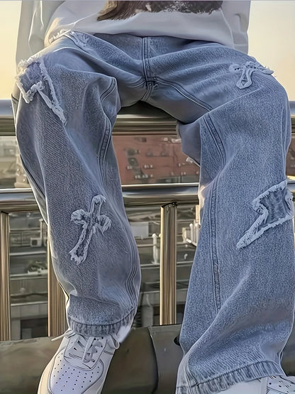 Men's Loose Jeans - Baggy Patch Denim Pants With Lightning Embroidery & Button Fly - ZOOMNSTORE