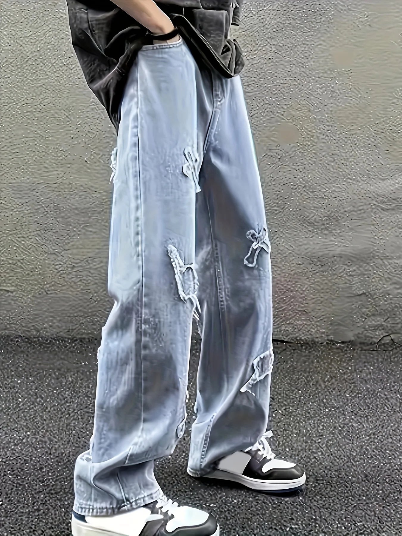 Men's Loose Jeans - Baggy Patch Denim Pants With Lightning Embroidery & Button Fly - ZOOMNSTORE
