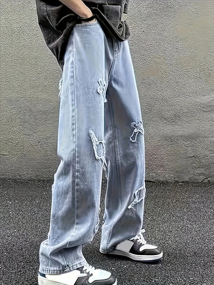 Men's Loose Jeans - Baggy Patch Denim Pants With Lightning Embroidery & Button Fly - ZOOMNSTORE