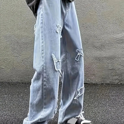 Men's Loose Jeans - Baggy Patch Denim Pants With Lightning Embroidery & Button Fly - ZOOMNSTORE