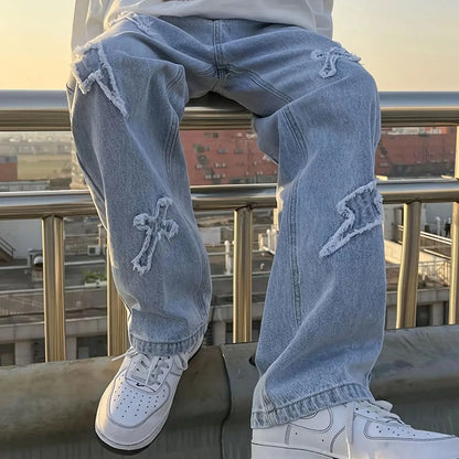 Men's Loose Jeans - Baggy Patch Denim Pants With Lightning Embroidery & Button Fly - ZOOMNSTORE