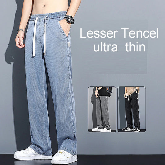 Mens Loose Straight Leg Jeans - Soft Lyocell Fabric Drawstring Elastic Waist Korean Casual Pants - ZOOMNSTORE