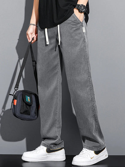Mens Loose Straight Leg Jeans - Soft Lyocell Fabric Drawstring Elastic Waist Korean Casual Pants - ZOOMNSTORE