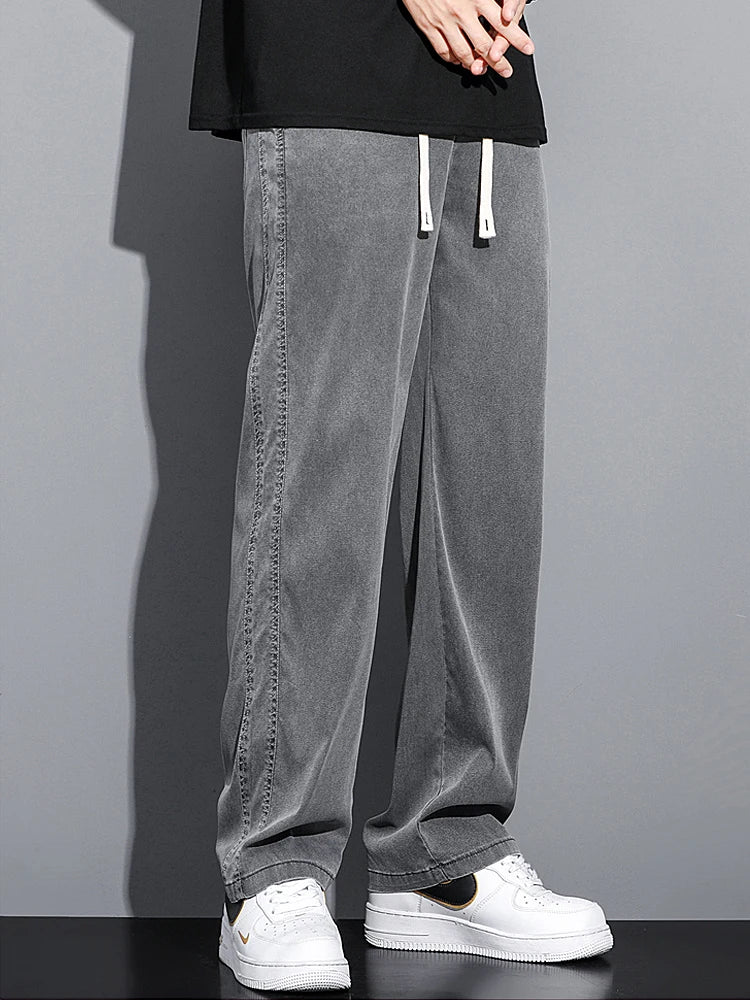Mens Loose Straight Leg Jeans - Soft Lyocell Fabric Drawstring Elastic Waist Korean Casual Pants - ZOOMNSTORE