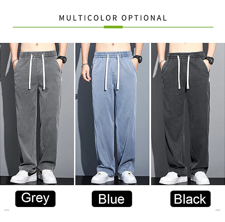 Mens Loose Straight Leg Jeans - Soft Lyocell Fabric Drawstring Elastic Waist Korean Casual Pants - ZOOMNSTORE