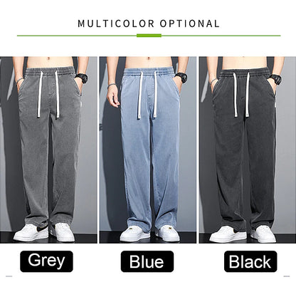 Mens Loose Straight Leg Jeans - Soft Lyocell Fabric Drawstring Elastic Waist Korean Casual Pants - ZOOMNSTORE