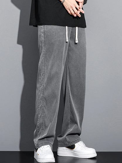 Mens Loose Straight Leg Jeans - Soft Lyocell Fabric Drawstring Elastic Waist Korean Casual Pants - ZOOMNSTORE