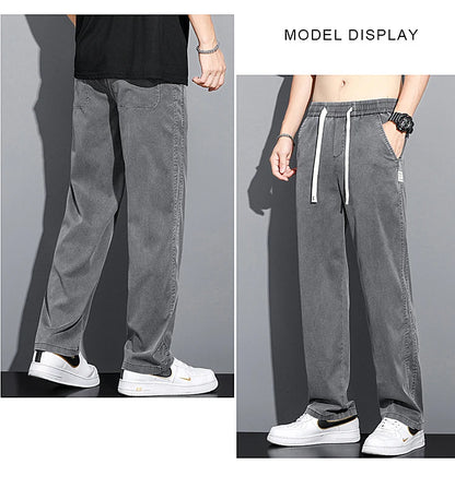 Mens Loose Straight Leg Jeans - Soft Lyocell Fabric Drawstring Elastic Waist Korean Casual Pants - ZOOMNSTORE