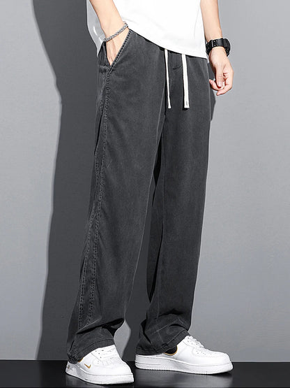 Mens Loose Straight Leg Jeans - Soft Lyocell Fabric Drawstring Elastic Waist Korean Casual Pants - ZOOMNSTORE