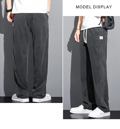 Mens Loose Straight Leg Jeans - Soft Lyocell Fabric Drawstring Elastic Waist Korean Casual Pants - ZOOMNSTORE