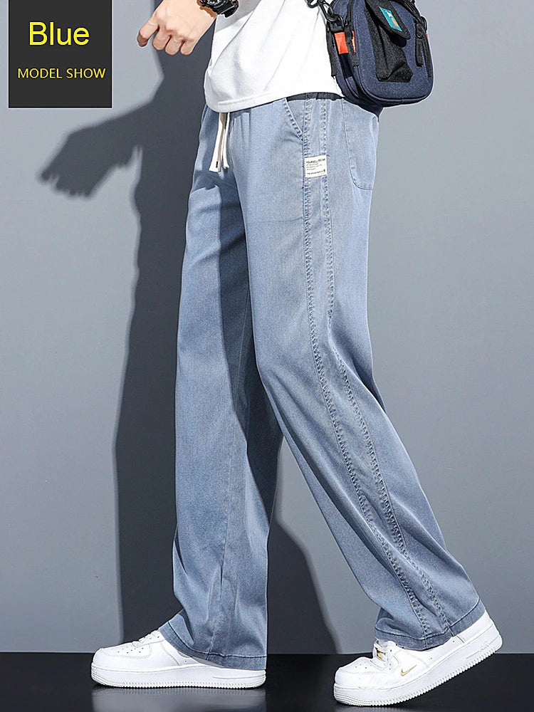Mens Loose Straight Leg Jeans - Soft Lyocell Fabric Drawstring Elastic Waist Korean Casual Pants - ZOOMNSTORE