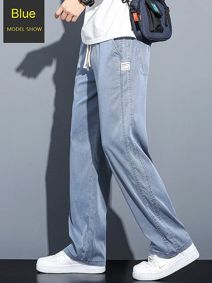 Mens Loose Straight Leg Jeans - Soft Lyocell Fabric Drawstring Elastic Waist Korean Casual Pants - ZOOMNSTORE