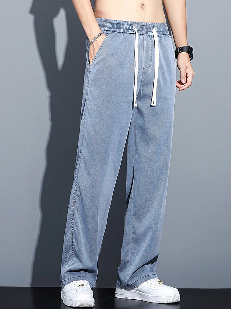 Mens Loose Straight Leg Jeans - Soft Lyocell Fabric Drawstring Elastic Waist Korean Casual Pants - ZOOMNSTORE