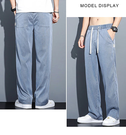 Mens Loose Straight Leg Jeans - Soft Lyocell Fabric Drawstring Elastic Waist Korean Casual Pants - ZOOMNSTORE