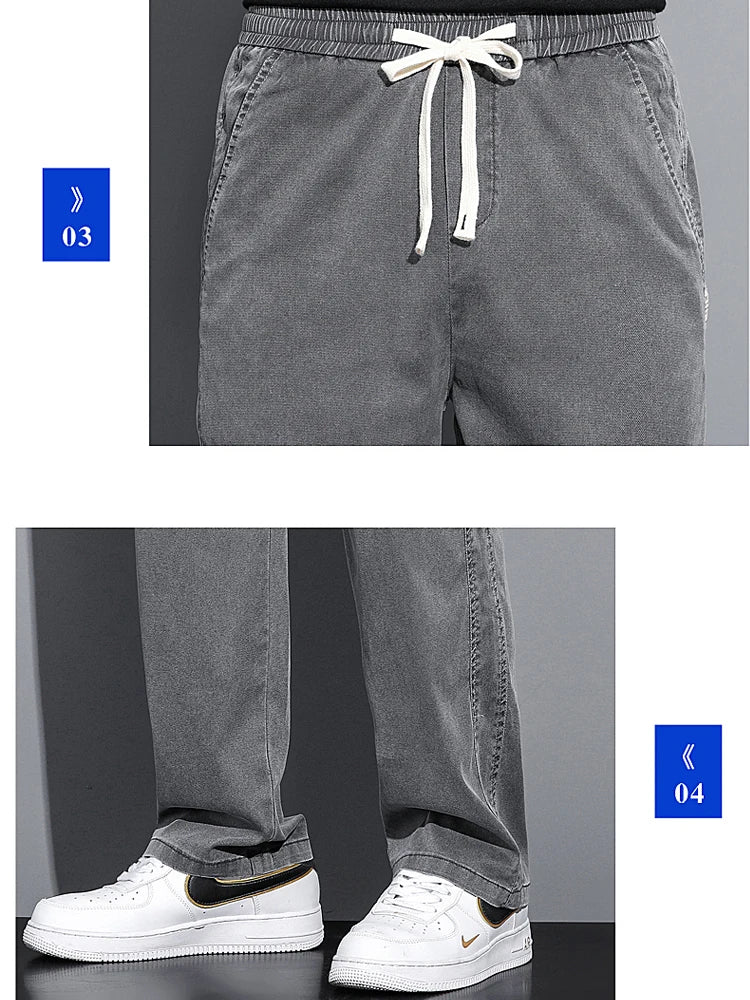 Mens Loose Straight Leg Jeans - Soft Lyocell Fabric Drawstring Elastic Waist Korean Casual Pants - ZOOMNSTORE