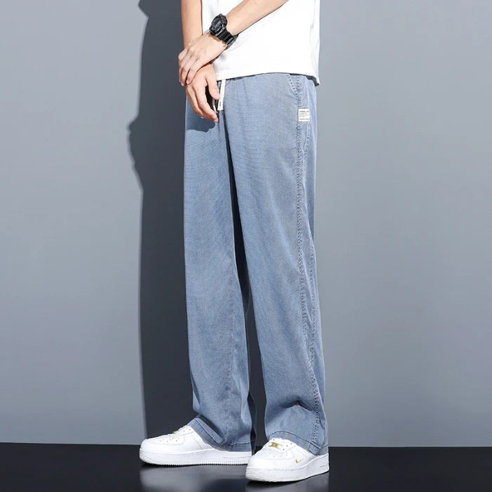 Mens Loose Straight Leg Jeans - Soft Lyocell Fabric Drawstring Elastic Waist Korean Casual Pants - ZOOMNSTORE
