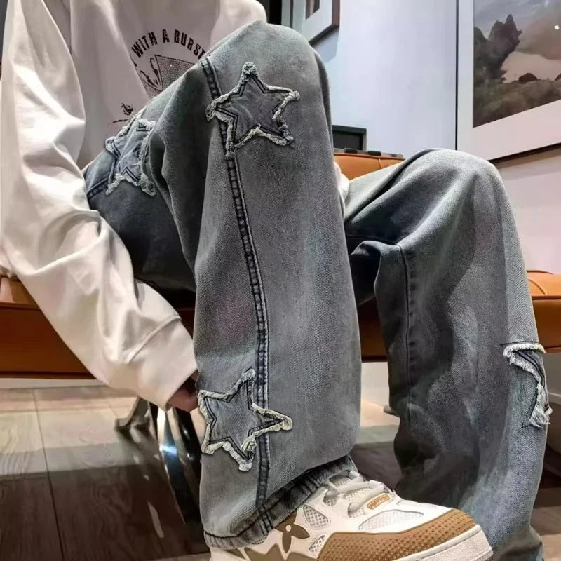 Gothic Star Embroidery Wide Leg Jeans - Casual Hip-Hop Streetwear Trousers - ZOOMNSTORE