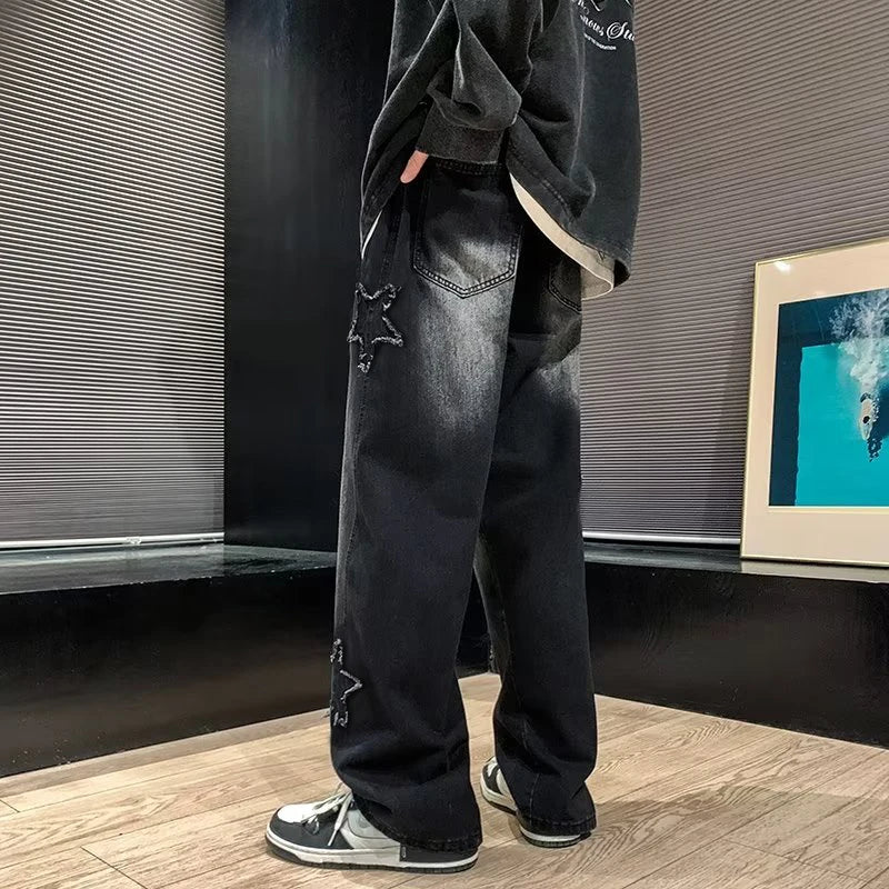 Gothic Star Embroidery Wide Leg Jeans - Casual Hip-Hop Streetwear Trousers - ZOOMNSTORE