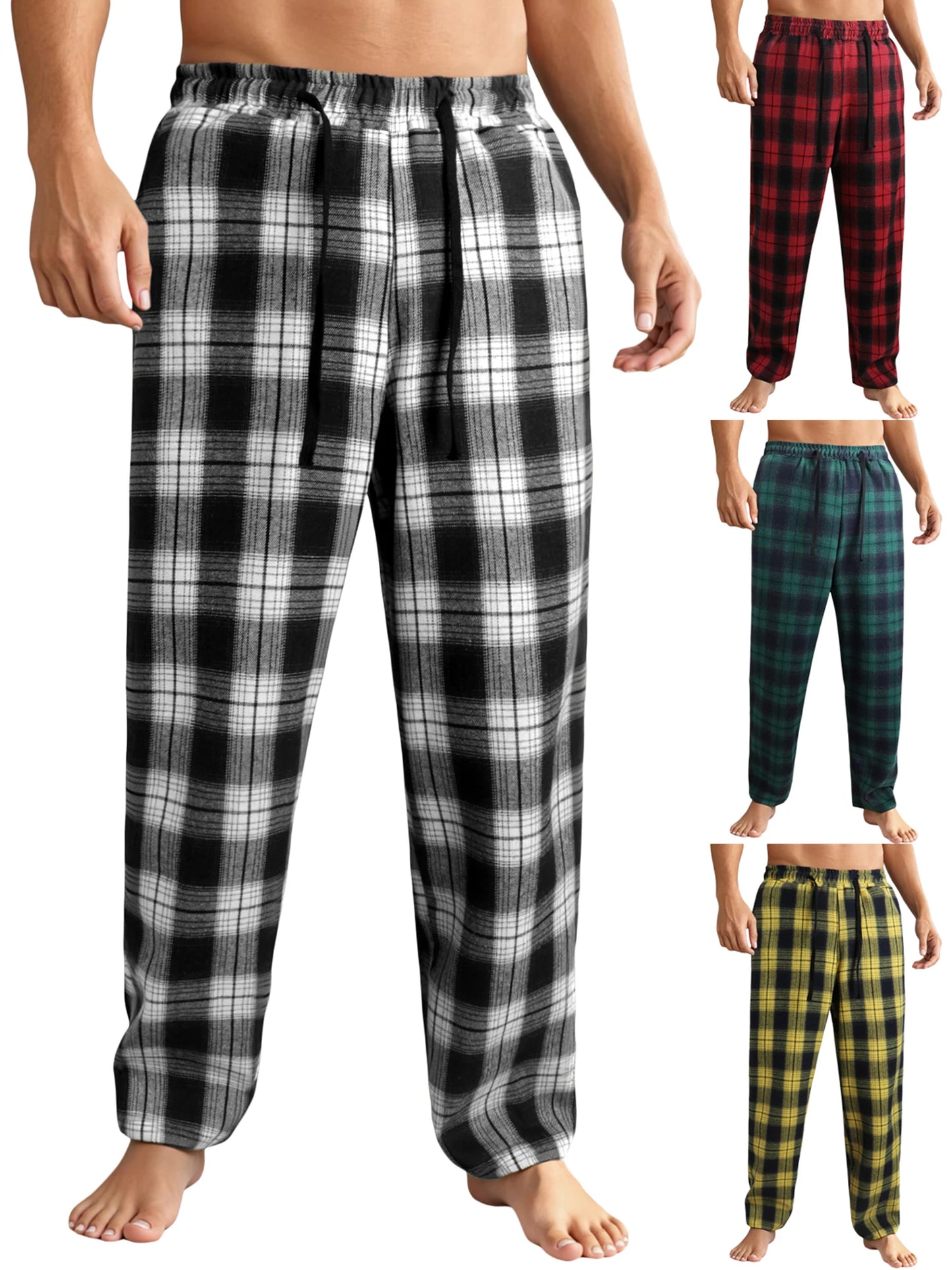 Men's Lounge Pants - Casual Plaid Drawstring Waist Full Length Polyester Trousers - ZOOMNSTORE