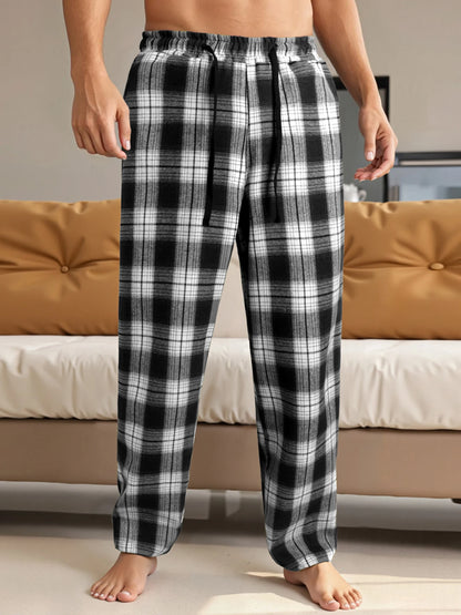 Men's Lounge Pants - Casual Plaid Drawstring Waist Full Length Polyester Trousers - ZOOMNSTORE