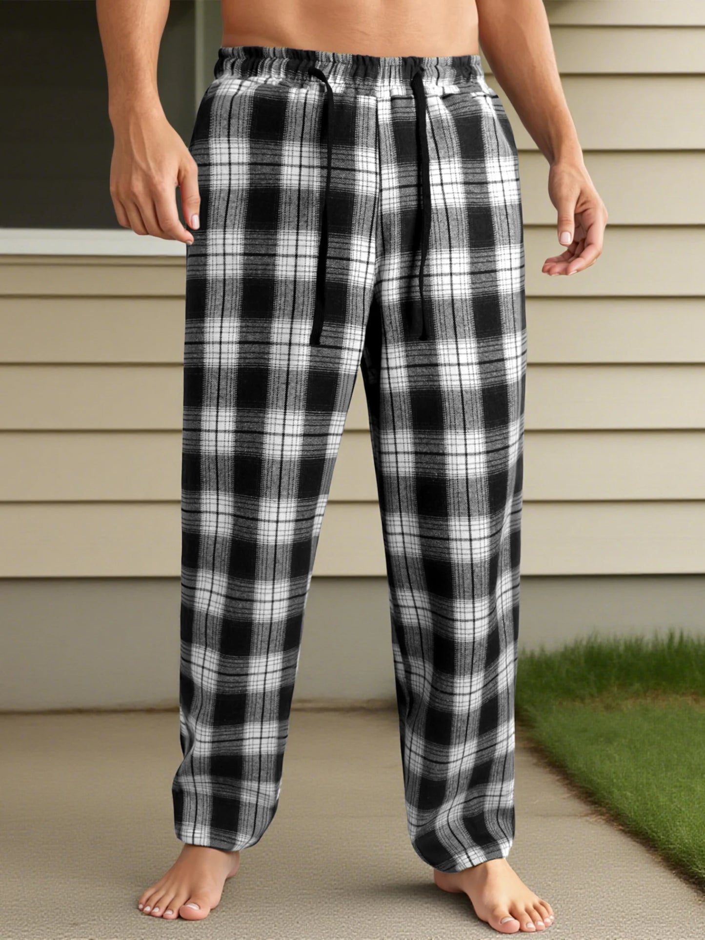 Men's Lounge Pants - Casual Plaid Drawstring Waist Full Length Polyester Trousers - ZOOMNSTORE