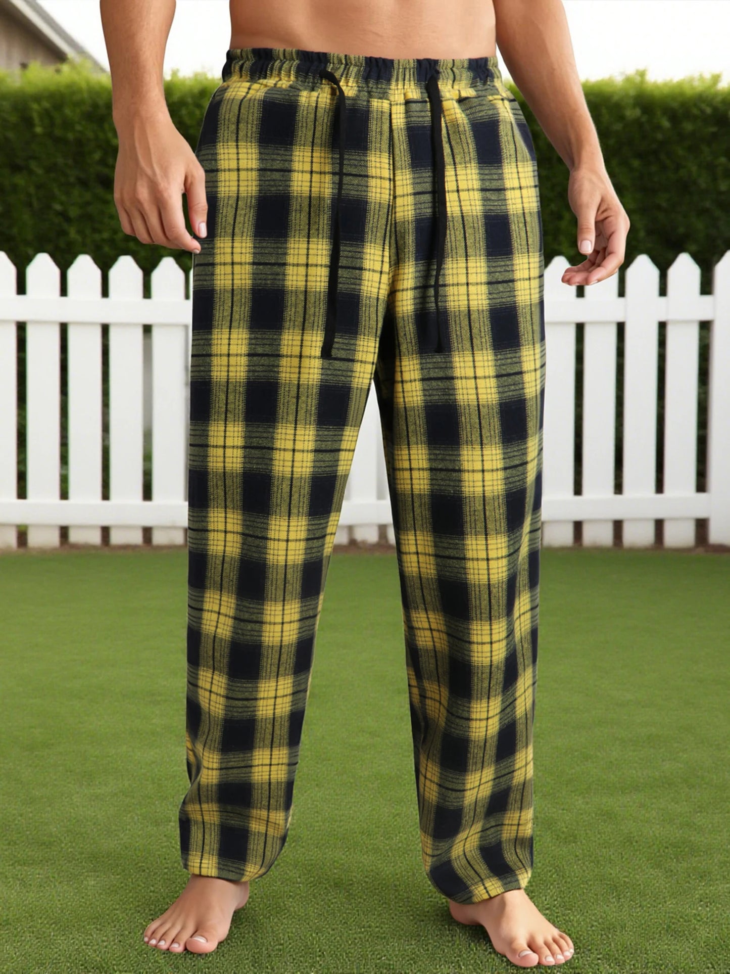 Men's Lounge Pants - Casual Plaid Drawstring Waist Full Length Polyester Trousers - ZOOMNSTORE